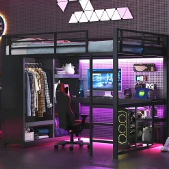 Okwish Lit mezzanine 140x200 cm - Lit double avec rangement - Métal - Montage requis - Noir
