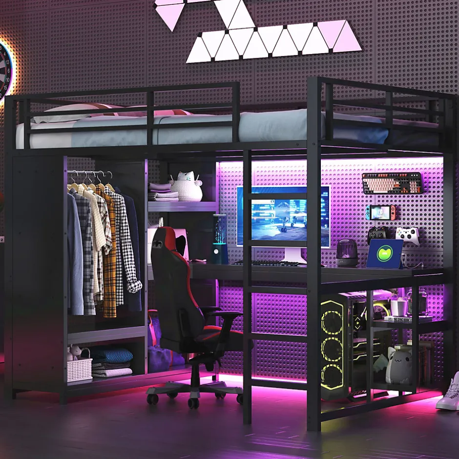 Okwish Lit mezzanine 140x200 cm - Lit double avec rangement - Métal - Montage requis - Noir