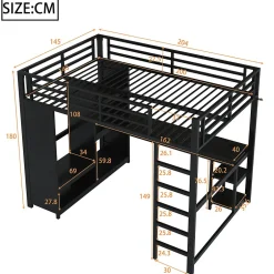 Okwish Lit mezzanine 140x200 cm - Lit double avec rangement - Métal - Montage requis - Noir