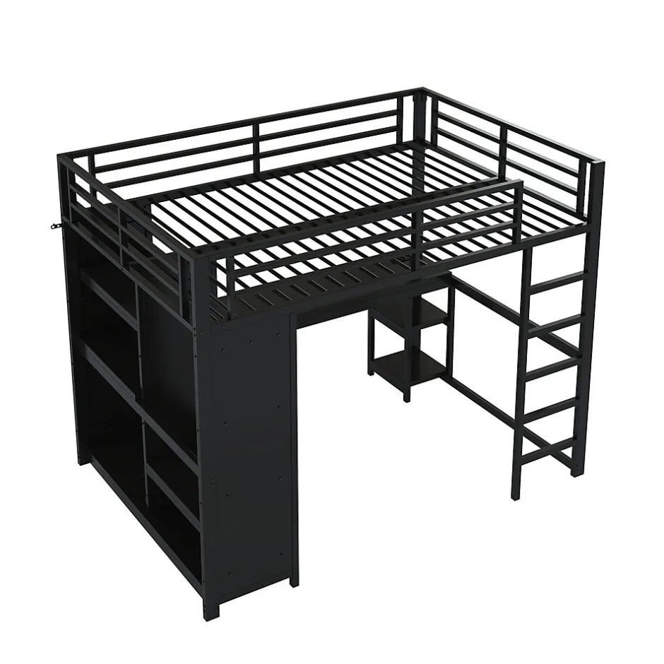 Okwish Lit mezzanine 140x200 cm - Lit double avec rangement - Métal - Montage requis - Noir