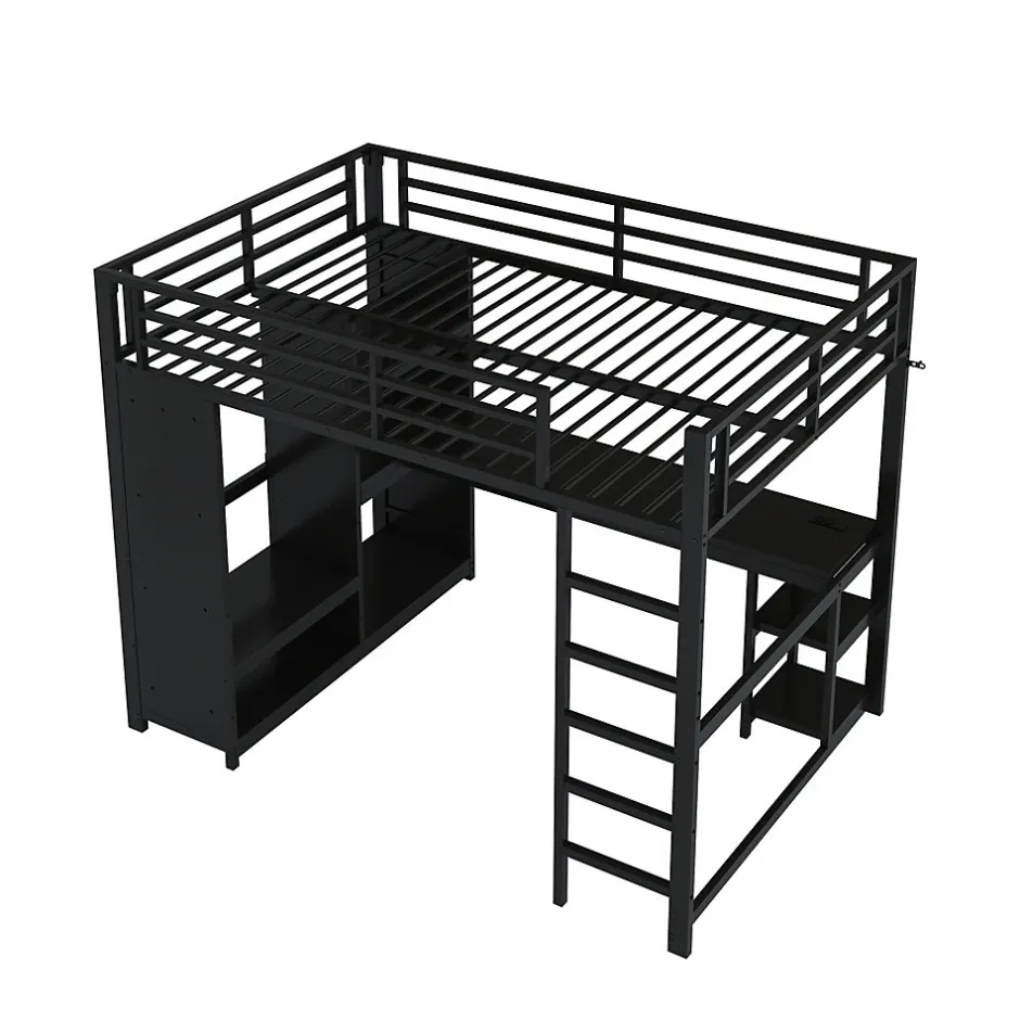 Okwish Lit mezzanine 140x200 cm - Lit double avec rangement - Métal - Montage requis - Noir