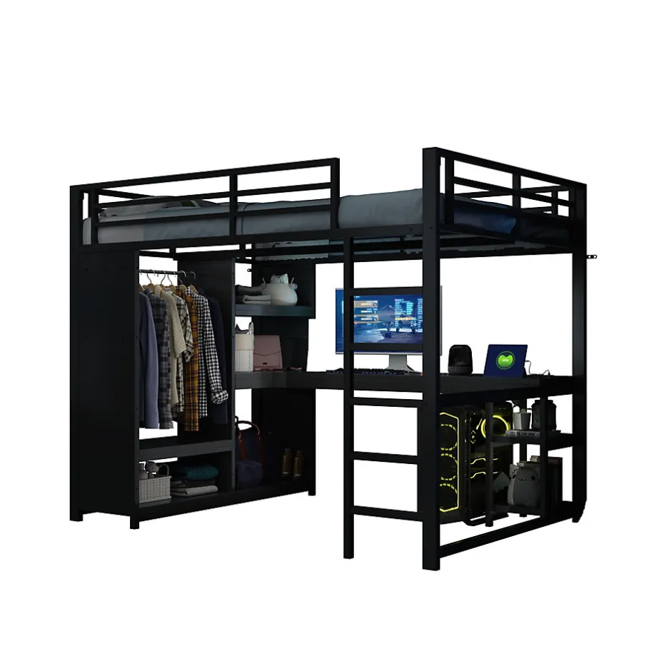Okwish Lit mezzanine 140x200 cm - Lit double avec rangement - Métal - Montage requis - Noir