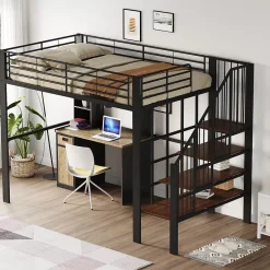 Okwish Lit mezzanine 140x200 cm - Lit double avec rangement et escalier, structure métallique robuste - Noir - Sans matelas Outlet