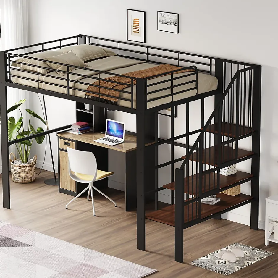 Okwish Lit mezzanine 140x200 cm - Lit double avec rangement et escalier, structure métallique robuste - Noir - Sans matelas Outlet
