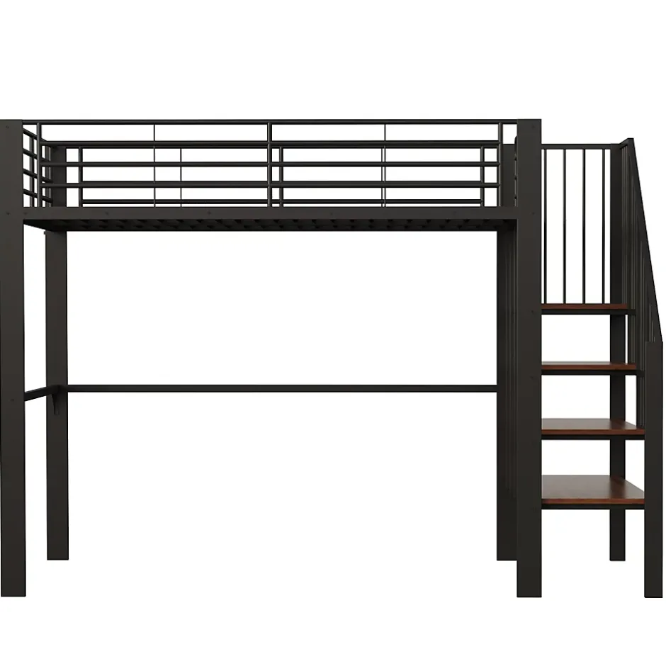 Okwish Lit mezzanine 140x200 cm - Lit double avec rangement et escalier, structure métallique robuste - Noir - Sans matelas Outlet