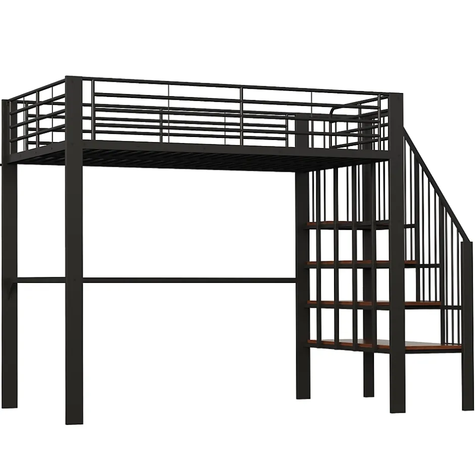 Okwish Lit mezzanine 140x200 cm - Lit double avec rangement et escalier, structure métallique robuste - Noir - Sans matelas Outlet