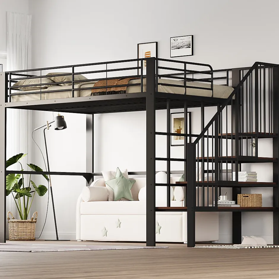 Okwish Lit mezzanine 140x200 cm - Lit double avec rangement et escalier, structure métallique robuste - Noir - Sans matelas Outlet