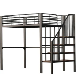 Okwish Lit mezzanine 140x200 cm - Lit double avec rangement et escalier, structure métallique robuste - Noir - Sans matelas Outlet