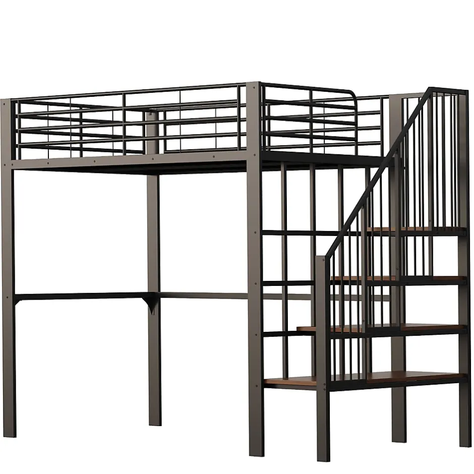 Okwish Lit mezzanine 140x200 cm - Lit double avec rangement et escalier, structure métallique robuste - Noir - Sans matelas Outlet