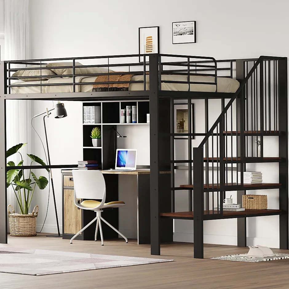 Okwish Lit mezzanine 140x200 cm - Lit double avec rangement et escalier, structure métallique robuste - Noir - Sans matelas Outlet