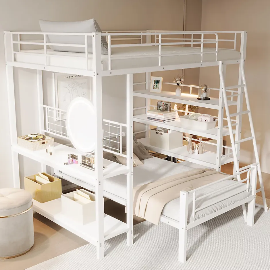 Okwish Lit mezzanine 140x200 cm - Lit double avec rangement multifonction, structure métal et MDF avec étagères - Sans matelas - Blanc Online
