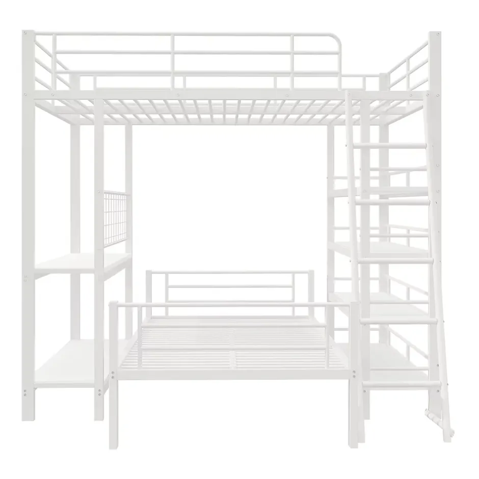 Okwish Lit mezzanine 140x200 cm - Lit double avec rangement multifonction, structure métal et MDF avec étagères - Sans matelas - Blanc Online