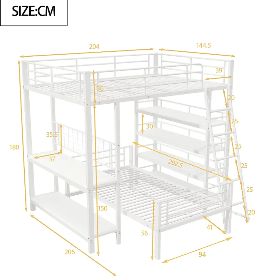 Okwish Lit mezzanine 140x200 cm - Lit double avec rangement multifonction, structure métal et MDF avec étagères - Sans matelas - Blanc Online