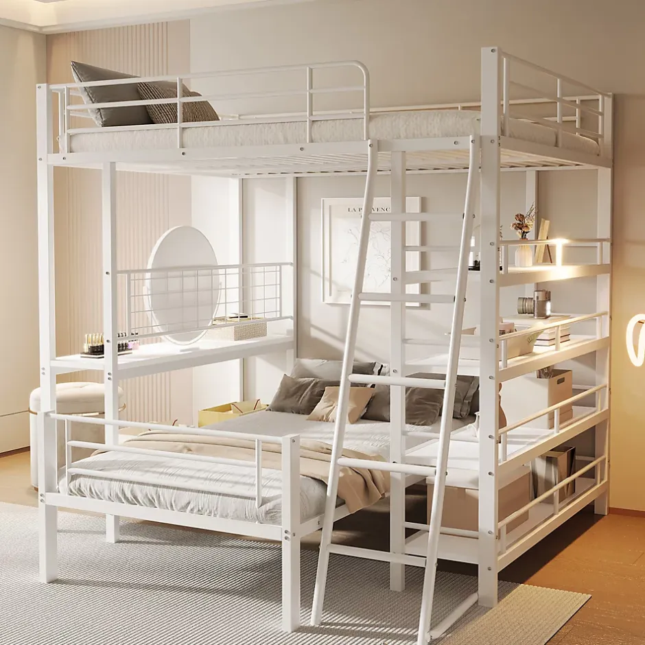 Okwish Lit mezzanine 140x200 cm - Lit double avec rangement multifonction, structure métal et MDF avec étagères - Sans matelas - Blanc Online