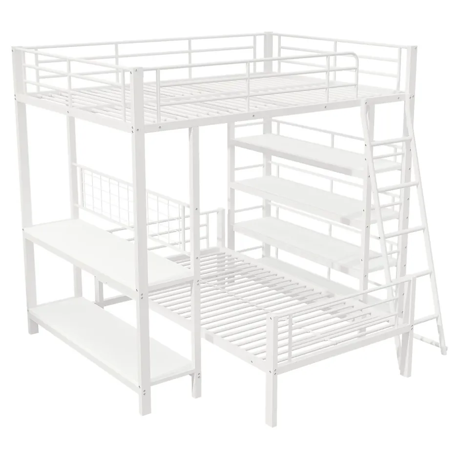 Okwish Lit mezzanine 140x200 cm - Lit double avec rangement multifonction, structure métal et MDF avec étagères - Sans matelas - Blanc Online
