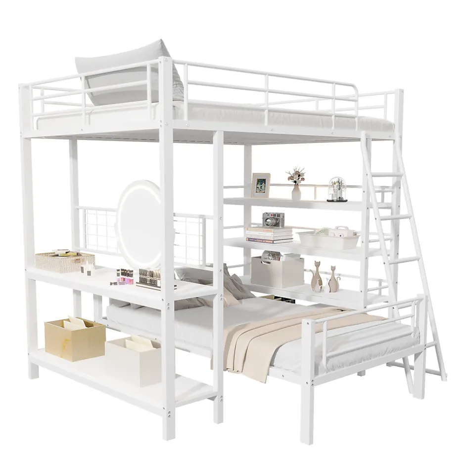 Okwish Lit mezzanine 140x200 cm - Lit double avec rangement multifonction, structure métal et MDF avec étagères - Sans matelas - Blanc Online