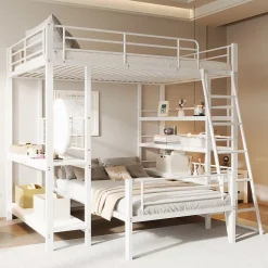 Okwish Lit mezzanine 140x200 cm - Lit double avec rangement multifonction, structure métal et MDF avec étagères - Sans matelas - Blanc Online