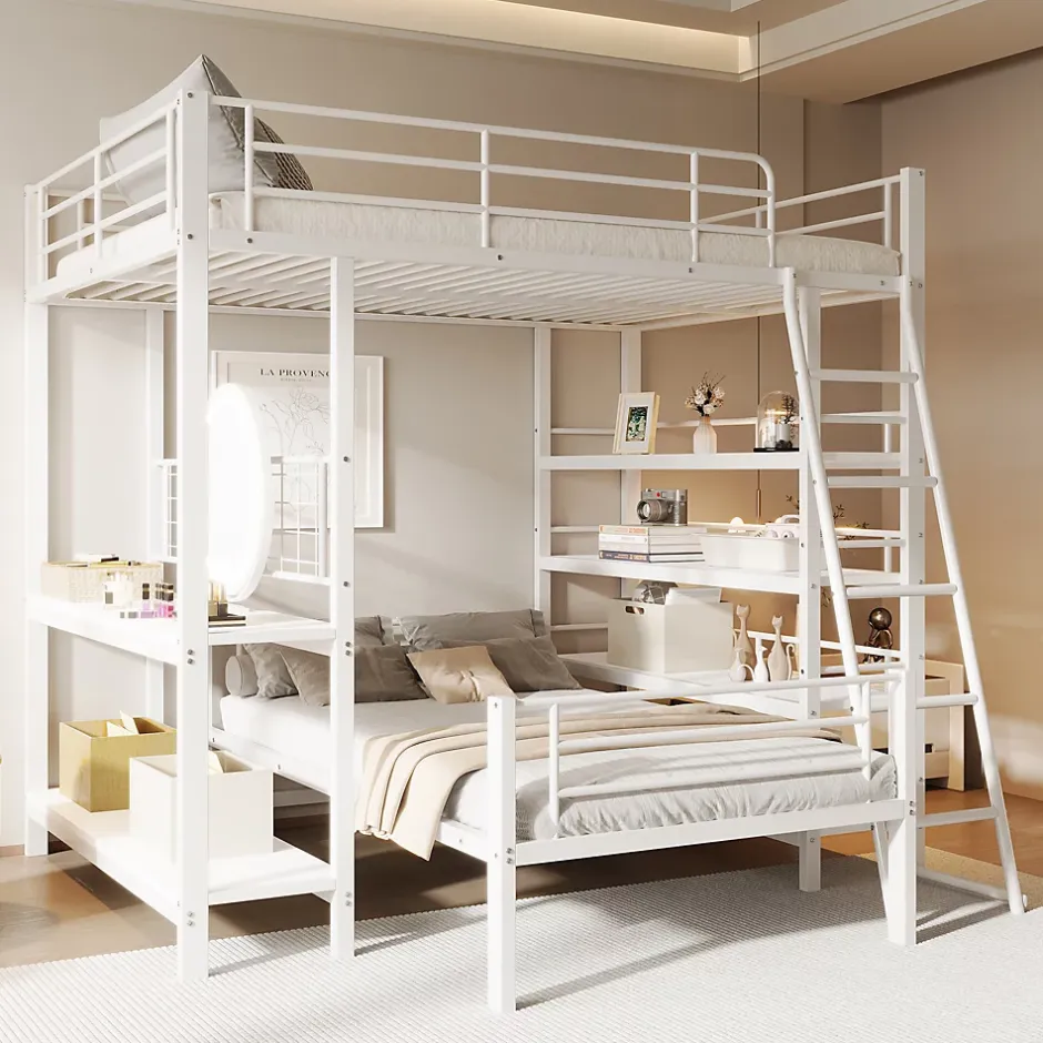 Okwish Lit mezzanine 140x200 cm - Lit double avec rangement multifonction, structure métal et MDF avec étagères - Sans matelas - Blanc Online