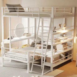 Okwish Lit mezzanine 140x200 cm - Lit double avec rangement multifonction, structure métal et MDF avec étagères - Sans matelas - Blanc Online