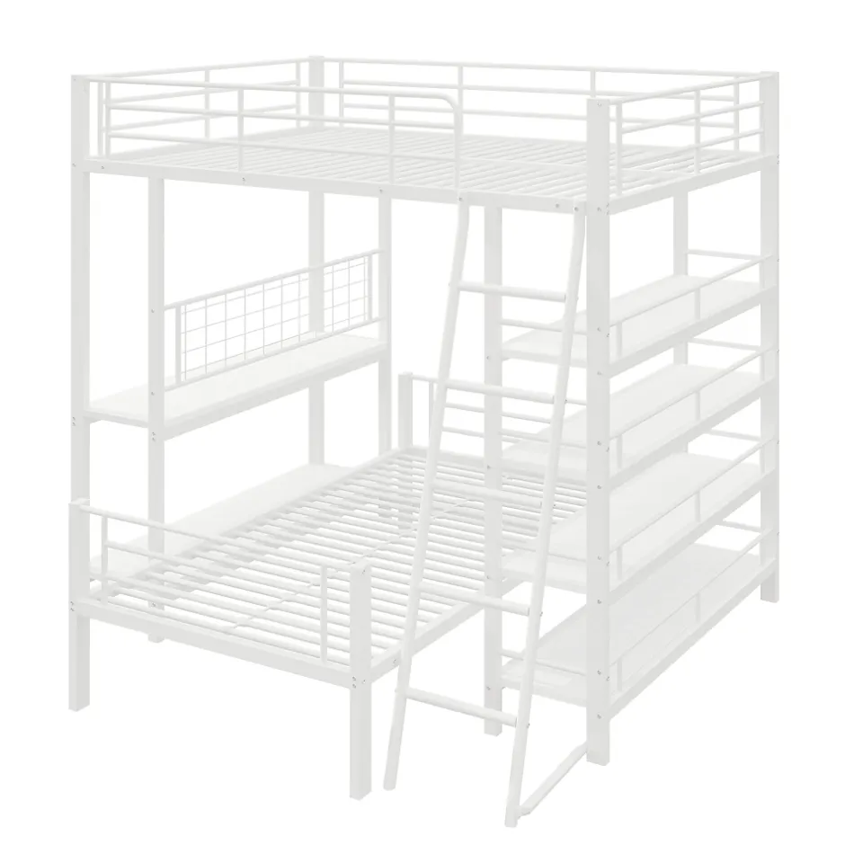 Okwish Lit mezzanine 140x200 cm - Lit double avec rangement multifonction, structure métal et MDF avec étagères - Sans matelas - Blanc Online