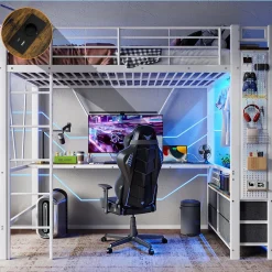 Okwish Lit Mezzanine 90x200 cm - Lit Déco avec Rangement - Métal et MDF - Sans Matelas - Blanc