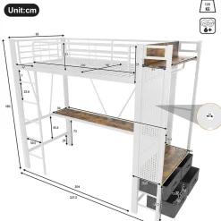 Okwish Lit Mezzanine 90x200 cm - Lit Déco avec Rangement - Métal et MDF - Sans Matelas - Blanc