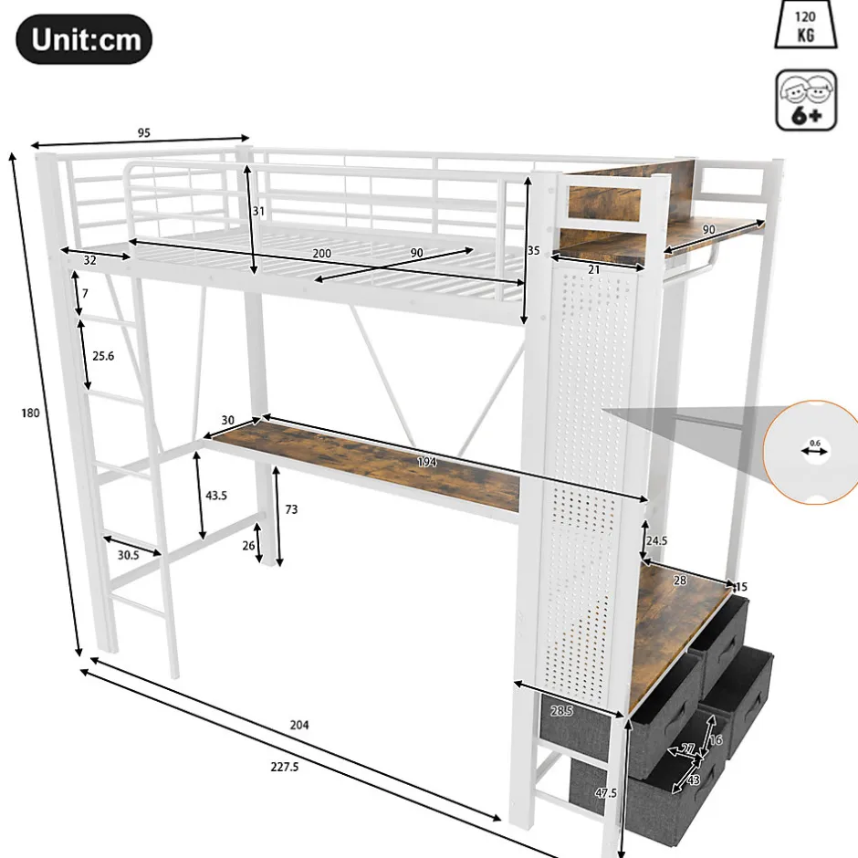 Okwish Lit Mezzanine 90x200 cm - Lit Déco avec Rangement - Métal et MDF - Sans Matelas - Blanc