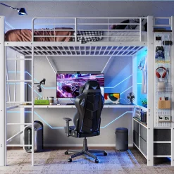 Okwish Lit Mezzanine 90x200 cm - Lit Déco avec Rangement - Métal et MDF - Sans Matelas - Blanc