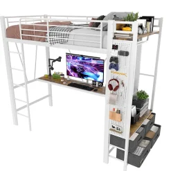 Okwish Lit Mezzanine 90x200 cm - Lit Déco avec Rangement - Métal et MDF - Sans Matelas - Blanc