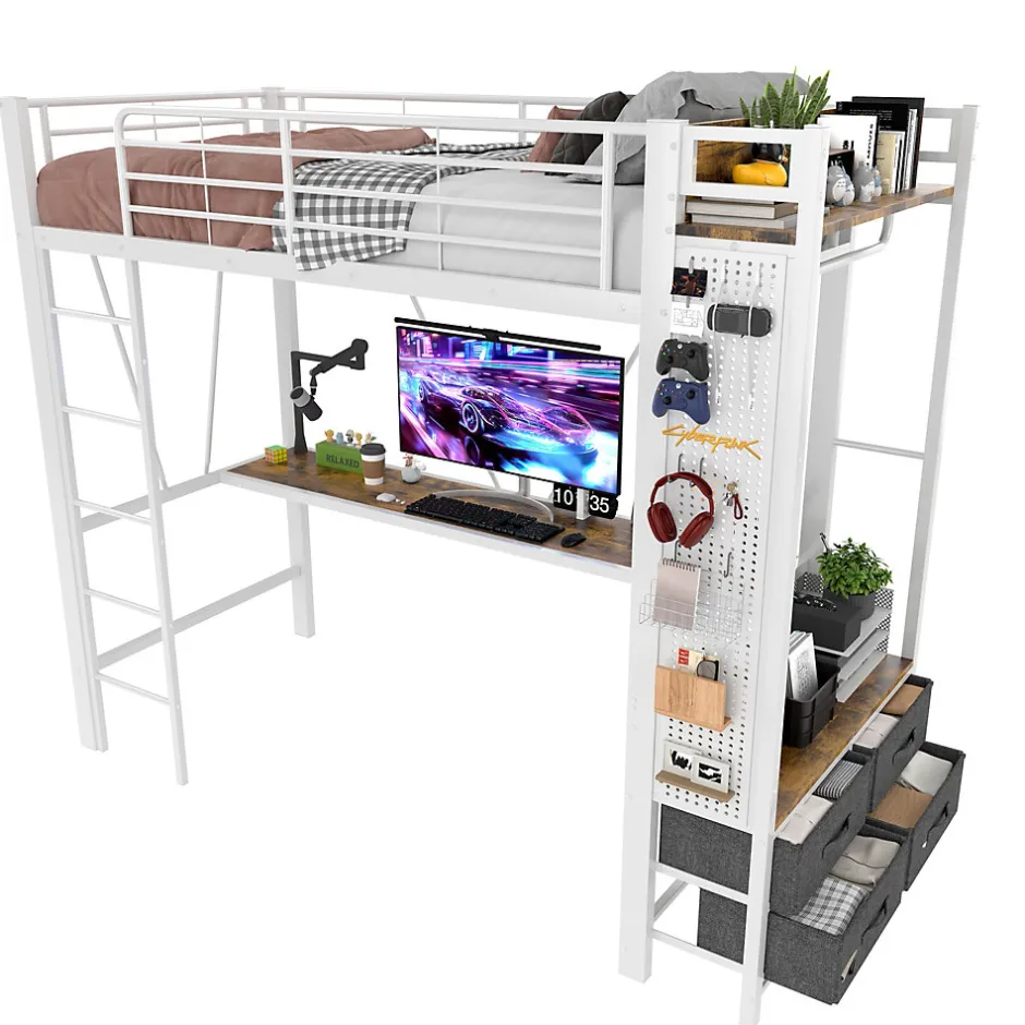 Okwish Lit Mezzanine 90x200 cm - Lit Déco avec Rangement - Métal et MDF - Sans Matelas - Blanc