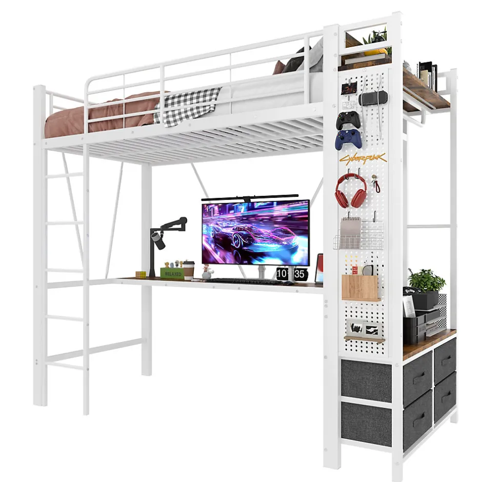 Okwish Lit Mezzanine 90x200 cm - Lit Déco avec Rangement - Métal et MDF - Sans Matelas - Blanc