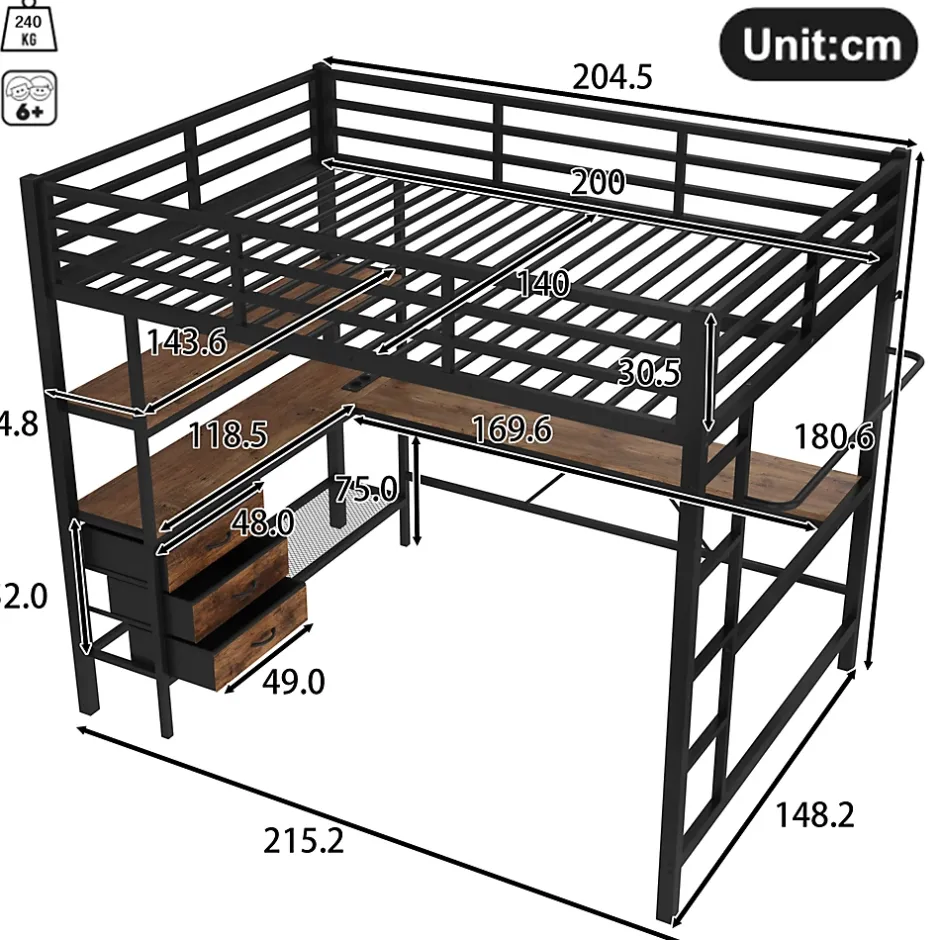 Okwish Lit Mezzanine 140x200 cm - Lit Double avec Éclairage LED, Bureau et Prises USB, en Métal et MDF, sans Matelas, Noir Best