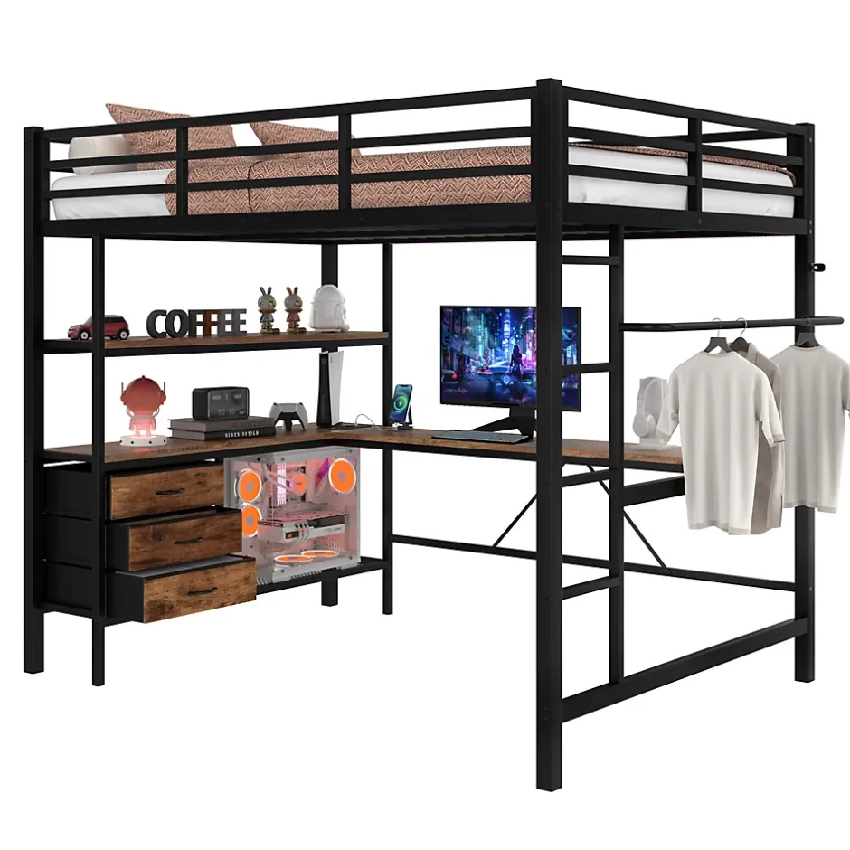 Okwish Lit Mezzanine 140x200 cm - Lit Double avec Éclairage LED, Bureau et Prises USB, en Métal et MDF, sans Matelas, Noir Best