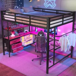 Okwish Lit Mezzanine 140x200 cm - Lit Double avec Éclairage LED, Bureau et Prises USB, en Métal et MDF, sans Matelas, Noir Best
