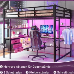 Okwish Lit Mezzanine 140x200 cm - Lit Double avec Éclairage LED, Bureau et Prises USB, en Métal et MDF, sans Matelas, Noir Best
