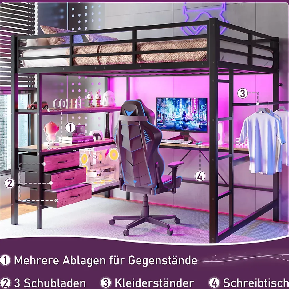 Okwish Lit Mezzanine 140x200 cm - Lit Double avec Éclairage LED, Bureau et Prises USB, en Métal et MDF, sans Matelas, Noir Best