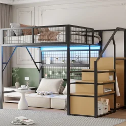 Okwish Lit mezzanine 140x200 cm - Lit double déco avec éclairage LED et rangement sous lit - Armoire ouverte en MDF et métal - Noir