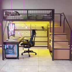 Okwish Lit mezzanine 140x200 cm - Lit double déco avec éclairage LED et rangement sous lit - Armoire ouverte en MDF et métal - Noir