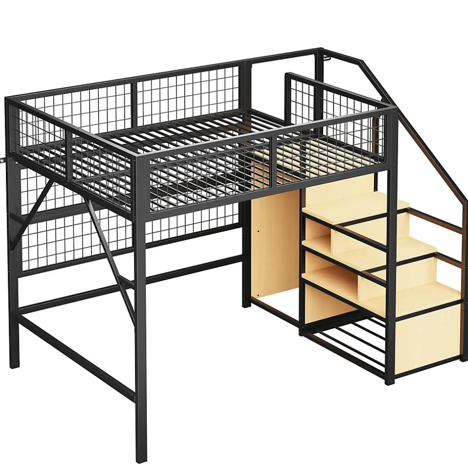 Okwish Lit mezzanine 140x200 cm - Lit double déco avec éclairage LED et rangement sous lit - Armoire ouverte en MDF et métal - Noir