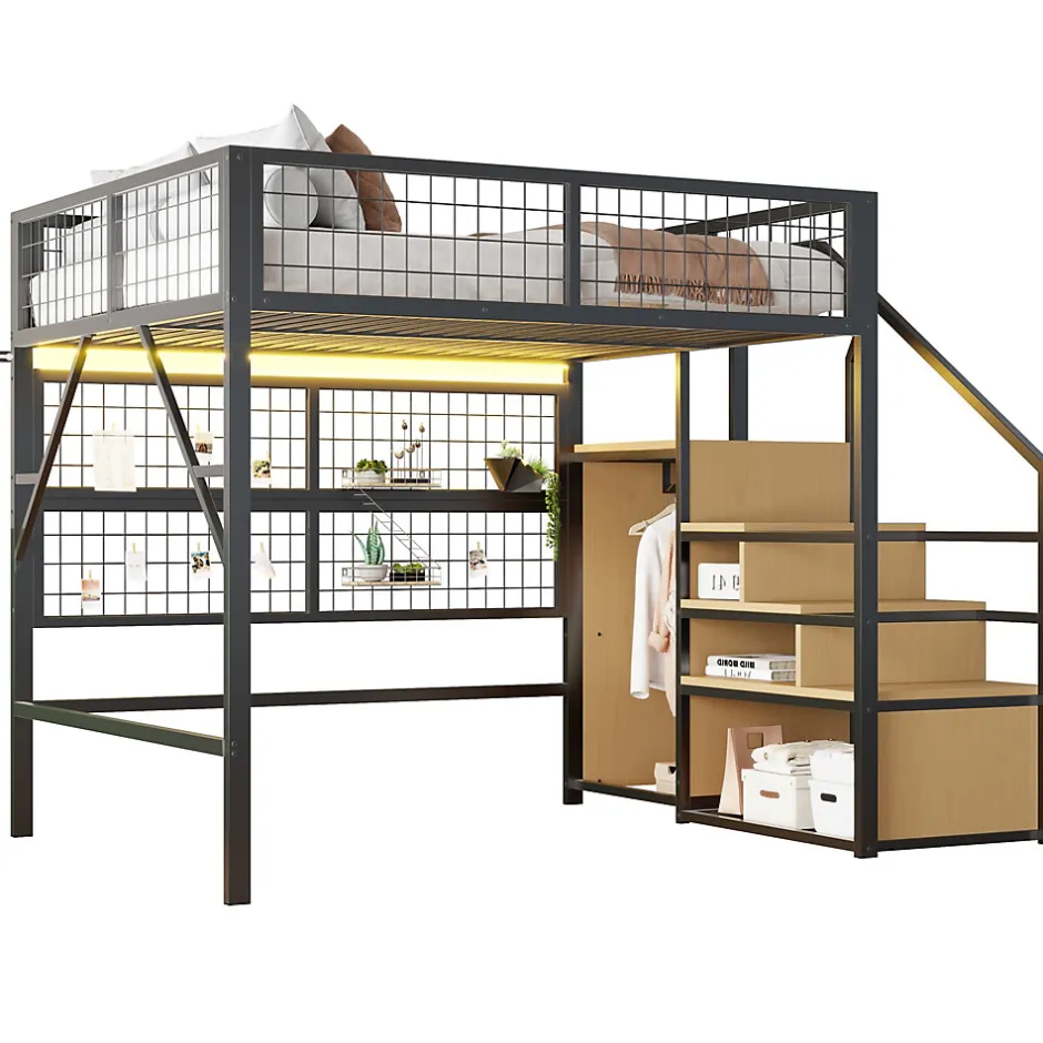 Okwish Lit mezzanine 140x200 cm - Lit double déco avec éclairage LED et rangement sous lit - Armoire ouverte en MDF et métal - Noir