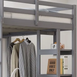 Okwish Lit mezzanine 140x200 cm - Lit double avec bureau intégré, rangements pratiques et échelle - Bois de pin et MDF - Gris New