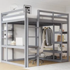 Okwish Lit mezzanine 140x200 cm - Lit double avec bureau intégré, rangements pratiques et échelle - Bois de pin et MDF - Gris New