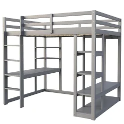 Okwish Lit mezzanine 140x200 cm - Lit double avec bureau intégré, rangements pratiques et échelle - Bois de pin et MDF - Gris New