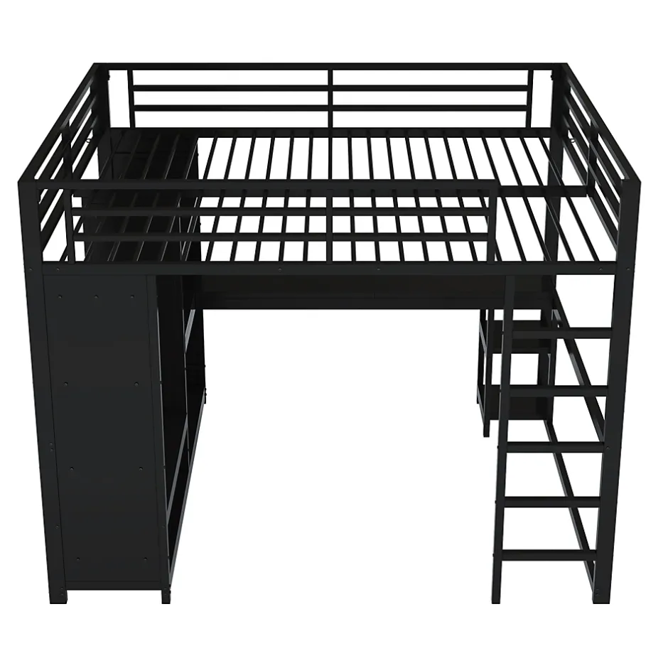 Okwish Lit Mezzanine 160x200 cm - Lit Double avec Bureau et Armoire Ouverte, Rangements et Éclairage LED, sans Matelas - Métal Noir Discount