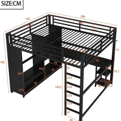 Okwish Lit Mezzanine 160x200 cm - Lit Double avec Bureau et Armoire Ouverte, Rangements et Éclairage LED, sans Matelas - Métal Noir Discount