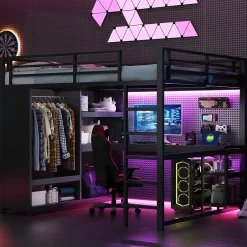 Okwish Lit Mezzanine 160x200 cm - Lit Double avec Bureau et Armoire Ouverte, Rangements et Éclairage LED, sans Matelas - Métal Noir Discount