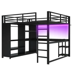 Okwish Lit Mezzanine 160x200 cm - Lit Double avec Bureau et Armoire Ouverte, Rangements et Éclairage LED, sans Matelas - Métal Noir Discount