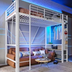 Okwish Lit Mezzanine 90x200 cm - Lit Déco avec Bureau et Rangement - Métal et MDF - Sans Matelas - Blanc