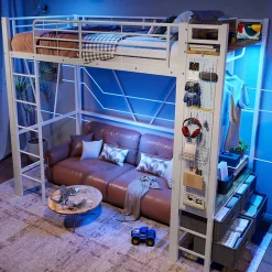 Okwish Lit Mezzanine 90x200 cm - Lit Déco avec Bureau et Rangement - Métal et MDF - Sans Matelas - Blanc