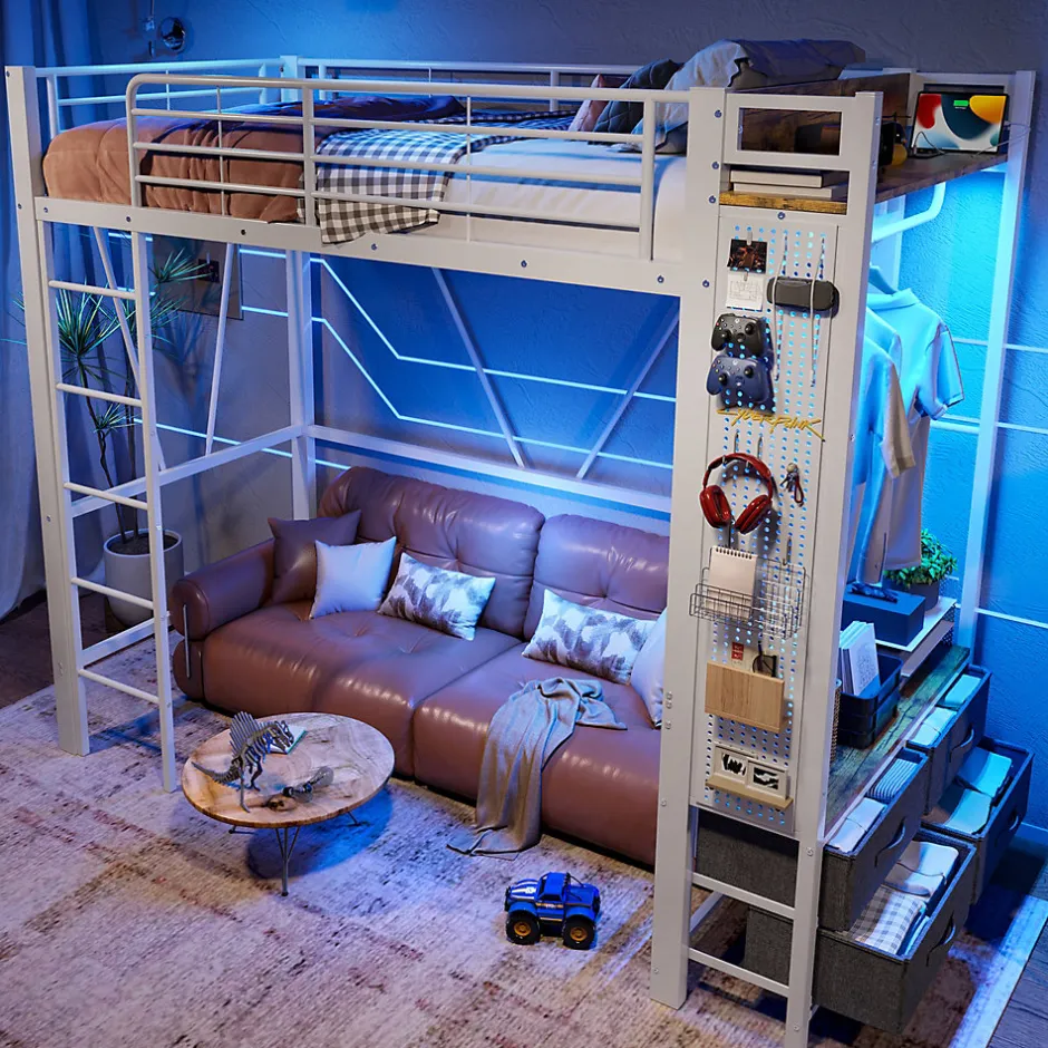 Okwish Lit Mezzanine 90x200 cm - Lit Déco avec Bureau et Rangement - Métal et MDF - Sans Matelas - Blanc
